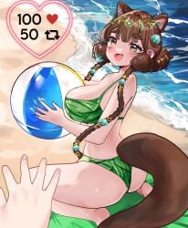 1girls angstowo animal_ears beach beach_ball bikini blush breasts brown_hair female green_bikini huge_breasts indie_virtual_youtuber light-skinned_female light_skin male male_pov nose_blush open_mouth otter_ears otter_girl otter_tail pov sand swimsuit tail virtual_youtuber yellow_eyes yukaa_(vtuber)