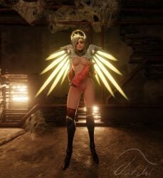 3d 3d_(artwork) 3d_model aureola blender blender_(software) blender_cycles blonde_hair breasts canine canine_dildo female female_only glowing half-dressed half_naked holding holding_object knot knotted_dildo legs looking_at_viewer mercy nudity overwatch solo solo_female standing tafuki thighs white_skin wings