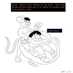 1:1 absurd_res anthro black_and_white black_hair deltarune dirtymac duo duo_focus female green_eyes group hair hi_res internal internal_oral larger_female male mammal monochrome mouse murid murine oral_vore poster reptile rodent scalie size_difference smaller_male smaller_pred susie_(disambiguation) undertale_(series) vore yellow_eyes