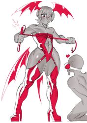 1boy 1girls abs assertive_female blush breasts calves capcom darkstalkers dominant domination female female_dominating_male female_domination femdom flat_chest flat_chested gag gagged_male gagging gray_body grey_skin head_wings heart heart_symbol heels high_heels hip_wings huge_thighs lilith_aensland lineflow male malesub muscular muscular_calves muscular_female muscular_thighs red_clothing red_eyes red_thighhighs short_hair small_boobs small_breasts submissive submissive_male succubus succubus_wings thick_thighs thighhighs thighs whip white_background