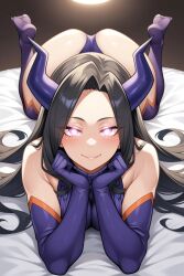 ai_generated ass bed black_hair blushing boku_no_hero_academia feet_up glowing_eyes heart-shaped_pupils horns indoors large_ass laying_on_bed laying_on_stomach looking_at_viewer mount_lady my_hero_academia pov pov_eye_contact smiling_at_viewer stockings the_pose virgin_killer_sweater vorendame yuu_takeyama