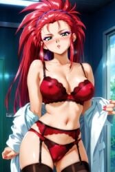 1girls ai_generated azazel454 blush blushing_at_viewer breasts elbow_gloves female female_only green_eyes inviting lab_coat labcoat lingerie lipstick long_hair looking_at_viewer painted_nails posing red_hair red_lingerie solo tagme tenchi_muyo! washu_hakubi