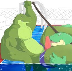 anthro collar crocodile crocodilian duo erection grandall_(artist) grandall_(character) humanoid_penis leash licking male musclegut muscular oral penis penis_lick reptile scalie sex smile swimming_pool tongue tongue_out yaoi