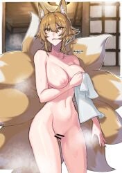 absurdres animal_ears blonde_hair breasts censored female fingernails fox_ears fox_tail hair_between_eyes highres himadera kitsune kyuubi large_breasts long_fingernails looking_at_viewer multiple_tails nipples pussy sidelocks signature solo steam tail touhou yakumo_ran