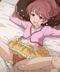 10s 1boy aliasing bed_sheet blush brown_hair censored clothed_sex female hair_scrunchie idolmaster idolmaster_cinderella_girls long_sleeves lying missionary mosaic_censoring multicolored_panties on_back open_mouth panties panties_aside pillow polka_dot polka_dot_panties ponytail pussy_juice scrunchie sex shiina_noriko skirt solo_focus spread_legs straight sweat tomu_(tomubobu) underwear vaginal_penetration