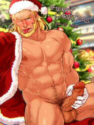 1boy abs bara beard blonde_hair christmas erection facial_hair gloves hana_(artist) konohanaya looking_at_viewer male male_only muscle pecs penis penis_grab solo testicles tongue tongue_out uncensored undressing