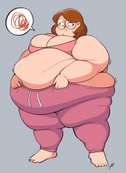 barefoot bbw big_belly brown_hair clothes_too_small fat fat_belly female female female female_only girl glasses jeetdoh large_belly light-skinned_female light_skin original_character red_glasses ssbbw sweatpants