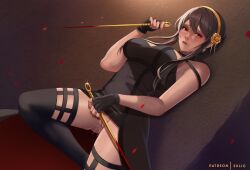 artist_name bare_shoulders black_dress black_gloves black_hair black_panties black_thighhighs blood blood_on_weapon breasts clothes_lift commentary dagger dress dress_lift dual_wielding dutch_angle exlic female fingerless_gloves gloves holding holding_weapon knife lips no_panties nose panties pantyshot parted_lips patreon_username pussy pussy_juice red_eyes red_nails short_hair_with_long_locks solo spy_x_family stiletto_(weapon) strapless strapless_dress thighhighs two-sided_dress two-sided_fabric underwear weapon yor_briar