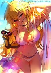 1girls bikini bikini_bottom bikini_top blonde_female blonde_hair cherryinthesun cleavage long_hair long_hair_female purple_eyes robotic_arm rwby solo_female sunglasses yang_xiao_long