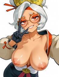 1girls ai_generated breasts breasts_out female glasses gloves hair_ornament highres katalystnya large_breasts looking_at_viewer nintendo nipples peace_sign purah purah_(tears_of_the_kingdom) red_eyes selfie selfie_pose smile solo solo_female the_legend_of_zelda the_legend_of_zelda:_tears_of_the_kingdom white_background white_hair