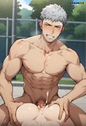 ai_generated akihiko_sanada anal_sex bara blush cum_inside facing_viewer grin kangmzze male_focus muscular naked outdoors persona_3 yaoi