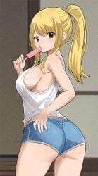 ass_focus big_ass blonde_hair brown_eyes eating_food fairy_tail gaston18 juicy_thighs lucy_heartfilia seductive_smile shorts soaked tight_clothes underboob