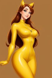 ai_generated belle bodysuit brown_hair curves green_eyes hourglass_figure latex skin_tight yellow