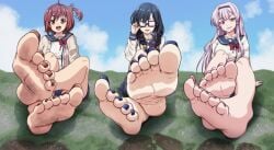 3girls akino_sakura aoi_hinata_(oresuki) bare_legs barefoot big_feet black_hair blue_nails brown_eyes brown_hair brown_nails city city_background city_sized cityscape cosmos_(oresuki) dark_mangaka dirty dirty_feet feet feet_focus feet_together foot_fetish foot_focus giantess glasses grin grinning himawari_(oresuki) looking_at_viewer multiple_girls nail_polish on_ground ore_wo_suki_nano_wa_omae_dake_ka_yo outdoors pansy_(oresuki) pink_nails purple_eyes purple_hair sanshokuin_sumireko school_uniform seifuku sitting sitting_on_ground smiling smiling_at_viewer sweatdrop sweaty sweaty_feet toenail_polish