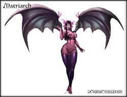 2017 breasts cleavage clothed clothing colored_nails demon female glowing green_toenails horns legwear lucien magic purple_skin pussy simple_background solo stockings white_background wings