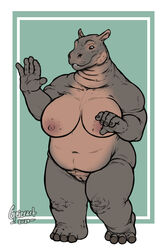 anthro big_breasts breasts common_hippopotamus fat_rolls female geier genitals grey_body grey_skin hippopotamid mammal nipples nude overweight overweight_anthro overweight_female pussy smile solo standing thick_thighs