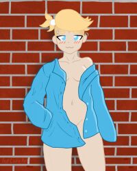 almost_naked almost_nude blonde_female blonde_hair blue_eyes blue_jacket breasts colorful flashing inklureart jacket jacket_only jacket_open nude oc olivia olivia_(inklureart) original_character outdoors tease teasing tomboy