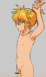 1boy bar_censor blonde_hair blue_eyes flaccid kagamine_len looking_away male male_only negi_(pixiv_10692647) nude penis small_penis solo testicles vocaloid