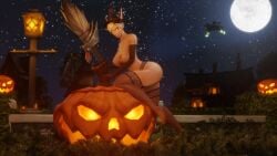 1girls 3d big_breasts blizzard_entertainment blonde_hair blood_elf female female_only halloween jack-o'-lantern light-skinned_female light_skin morilymory nipple_piercing nipple_rings nude original_character pinup sarisia_sunfeast solo stockings thick_thighs voluptuous voluptuous_female warcraft wide_hips witch_hat world_of_warcraft