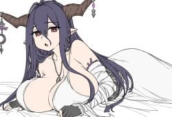 antenna_hair bandaged_arm bandages bare_shoulders black_gloves blush breasts cleavage collarbone danua draph dress female fingerless_gloves gloves granblue_fantasy hair_between_eyes horn_ornament horns houtengeki large_breasts long_hair looking_at_viewer lying on_stomach open_mouth pointy_ears purple_hair red_eyes solo white_dress white_dresshoutengeki