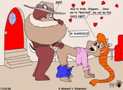 1998 anthro black_nose bottomless bottomwear bottomwear_down chip_'n_dale_rescue_rangers chip_(disney) chipmunk clothed clothing dialogue disney doggy_style duo english_text female female_penetrated fluffy fluffy_tail from_behind_position ground_squirrel hat headgear headwear heart_symbol kthanid_(artist) male male/female male_penetrating male_penetrating_female mammal open_mouth pants pants_down partially_clothed penetration red_nose rodent sciurid scut_tail sex short_tail tail tammy_squirrel text tree_squirrel