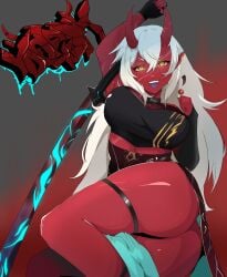 akumi arm_up armpits ass bare_shoulders bracelet breasts cleavage demon_girl earrings female fingernails gloves grey_background hair_between_eyes horns jewelry large_breasts long_hair looking_at_viewer oni open_mouth pointy_ears red_oni red_skin sharp_teeth simple_background smile solo teeth thigh_strap thighhighs thighs virtual_youtuber vyugen weapon white_hair yellow_eyes