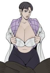 1boy1girl big_breasts big_penis black_eyes black_hair bra detnox huge_breasts huge_cock imminent_sex jojo's_bizarre_adventure jotaro_kujo light-skinned_female lipstick looking_at_partner milf nurse_(jjba) penis_bulge short_hair stardust_crusaders tomboy tomboy_milf