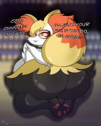 anthro ass big_breasts big_butt big_tail black_body black_fur blonde_hair bouncing_butt braixen breasts canid choker dialogue eyewear female fur generation_6_pokemon genitals glasses hair hi_res inner_ear_fluff jewelry kneeling looking_at_viewer looking_back mammal multicolored_tail necklace nintendo nipples on_stage orange_body orange_fur orange_pawpads pawpads pink_nipples pokemon pokemon_(species) pokemon_contest pussy rear_view shinychaonsfw solo stage stage_lights tail teasing teasing_viewer tinted_glasses tongue tongue_out tuft twerking wearing_glasses white_body white_fur yellow_body yellow_ears yellow_fur