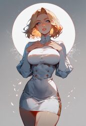 ai_generated big_breasts blonde_hair blue_dress female hourglass_figure short_dress