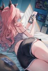 ai_generated ass_focus back_view bedroom crop_top female_focus female_only gym_shorts laying_on_bed laying_on_side nicole_demara on_the_phone pink_hair raaicave thick_thighs zenless_zone_zero