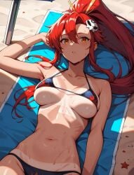 1girls ai_generated anime arczisan babe beach bikini breasts busty curvy_figure cute female_only laying_down ponytail red_hair sand stable_diffusion sunlight yoko_littner