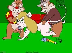 1998 animal_genitalia anthro balls black_nose blonde_hair bodily_fluids bottomless chip_'n_dale_rescue_rangers chip_(disney) chipmunk closed_eyes clothed clothing cum cum_in_mouth cum_in_pussy cum_inside dale_(disney) disney fellatio female female_penetrated fur gadget_hackwrench genital_fluids genitals green_eyes ground_squirrel group group_sex hair kthanid_(artist) male male/female male_penetrating male_penetrating_female mammal mouse murid murine nude open_mouth oral pencil_(object) penetration penile penile_penetration penis_in_pussy pink_nose red_nose rodent sciurid scut_tail sex sheath short_tail tail tan_body tan_fur threesome trio vaginal_fluids vaginal_penetration vaginal_penetration