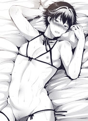 1boy all_out!! blush cupless_bikini e_(remix99) looking_at_viewer lying monochrome mouth_open nipples open_mouth pillow pillow_grab sweat sweatdrop