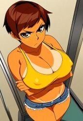 1girls ai_generated annoyed bikini_tan breast_support brown_eyes brown_hair civitai covered_nipples cowboy_shot crossed_arms cutoffs denim_shorts elevator elevator_interior female female_only freckles high-angle_view huge_breasts looking_up_at_viewer midriff nipples_visible_through_clothing original_character pixie_cut short_hair shorter_female sofia_(crizzyeyes) solo standing tan_body tank_top tomboy wide_hips