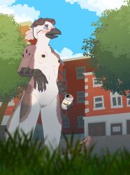 absurd_res alcohol avian beverage blush breasts felid feline female freckles genitals gryphon hi_res krolyk low-angle_view mammal mythological_avian mythological_creature mythology nipples outside pallas's_cat public public_nudity pussy small_breasts solo sonya_henrikh talon_hands worm's-eye_view