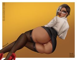 1girls antonia_(fortnite) brown_hair female female_only fishnets fortnite glasses heels looking_at_viewer orange_background panties secretary skirt white_hair white_shirt