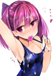 areolae armpits blush condom_wrapper cum cum_on_clothes fate/grand_order fate_(series) female heart helena_blavatsky_(fate) highres looking_to_the_side mouth_hold muoto one-piece_swimsuit purple_eyes purple_hair short_hair simple_background smile solo swimsuit white_background