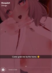 1girls 3d 3d_model breasts breasts breasts breasts_out caption flashing horn horns self_upload selfie sheep sheep_girl sheep_horns snapchat solo solo_female solo_focus tease tits_out topless vrchat vrchat_avatar vrchat_model