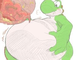 anthro belly big_belly bloated blush bodily_fluids drooling hi_res internal low-angle_view male mario_bros nintendo overweight overweight_male sabamiso_(sabamasasix) saliva solo yoshi yoshi_(character)