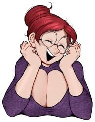 1girls big_breasts clara_(detnox) detnox female female_focus glasses heart_symbol huge_breasts light-skinned_female original red_hair smiling solo solo_female voluptuous voluptuous_female