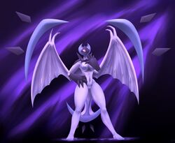 1girls 2017 abstract_background areola bat big_breasts blue_nipples breasts claws female glowing glowing_eyes hand_on_hip inverted_nipples legendary_pokemon looking_at_viewer lunala mammal membranous_wings nintendo nipples nude pokemon pokemon_sm pokemon_usm pokemorph pussy smile smirk solo standing testowepiwko video_games wings