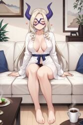 ai_generated bare_legs barefoot boku_no_hero_academia cleavage coffee horns horny horny_female indoors large_breasts legs_crossed lingerie lingerie_panties living_room mount_lady my_hero_academia robe sitting sitting_on_couch teasing teasing_viewer vorendame waiting winking_at_viewer yuu_takeyama