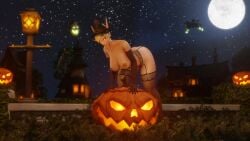 1girls 3d bent_over big_breasts blizzard_entertainment blonde_hair blood_elf female female_only halloween jack-o'-lantern light-skinned_female light_skin morilymory nipple_piercing nipple_rings nude original_character pinup sarisia_sunfeast solo stockings thick_thighs voluptuous voluptuous_female warcraft wide_hips witch_hat world_of_warcraft