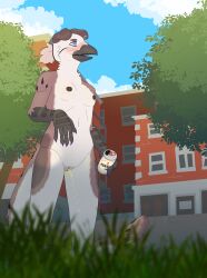 absurd_res alcohol anthro avian beverage blush bodily_fluids breasts felid feline female freckles genital_fluids genitals gryphon hi_res krolyk low-angle_view mammal mythological_avian mythological_creature mythology nipples outdoor_pee outdoors outside pallas's_cat peeing public public_nudity pussy small_breasts solo sonya_henrikh standing standing_pee talon_hands urine urine_stream watersports worm's-eye_view