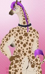 anthro ass big_breasts breasts collar female giraffe looking_at_viewer mammal nipples nude purple_hair pussy saberhorn simple_background smile solo