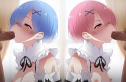 2girls blue_eyes blue_hair blush breasts censored clothed_female_nude_male commentary_request fellatio hair_ornament hair_over_one_eye hairclip highres male_pubic_hair medium_breasts mosaic_censoring multiple_girls nipples nude oral penis pink_eyes pink_hair pubic_hair ram_(re:zero) re:zero_kara_hajimeru_isekai_seikatsu rem_(re:zero) short_hair siblings small_breasts tori_(minamopa) twins