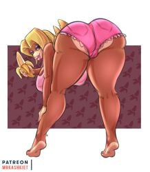 1girls anthro ass_focus back_view banana bending_down bent_over big_ass big_breasts big_lips blonde_hair blue_eyes booty_shorts cameltoe candy_kong donkey_kong_(series) eyelashes eyeshadow fruit hi_res huge_breasts leaning_back lipstick looking_at_viewer looking_back mascara mrkashkiet nintendo pink_lipstick pink_nails pinup primate rareware seductive seductive_look tank_top thick_thighs video_games