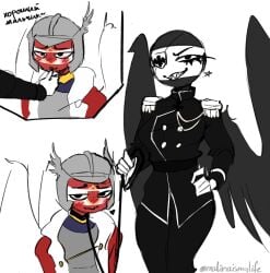 1boy1girl blush countryhumans countryhumans_girl eye_patch helmet leashed_pov licking_finger malinaismylife military_uniform polish_lithuanian_commonwealth_(countryhumans) pprussia_(countryhumans) royal_robe wings