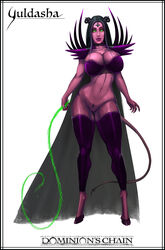 2017 areola armor black_hair breasts cleavage clothed clothing cloven_hooves collar demon female glowing glowing_eyes green_eyes hair hooves horn legwear lucien pubes purple_skin pussy spikes stockings whip yuldasha yuldasha_(character)