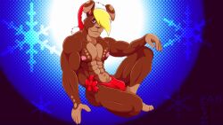 2012 abs anthro ass blonde_hair blue_eyes brown_body brown_fur bulge button_ears christmas christmas_clothing christmas_headwear closed_smile clothing digital_drawing_(artwork) digital_media_(artwork) fabfelipe floppy_ears fur fur_markings hair hair_over_eye hat headgear headwear holidays lagomorph leporid looking_at_viewer male mammal markings mouth_closed muscular muscular_anthro muscular_male navel nipples pink_inner_ear pink_nipples pinup pose rabbit rabbit_ears red_bow red_clothing red_thong red_underwear santa_hat shaded side_butt smile solo thong underwear